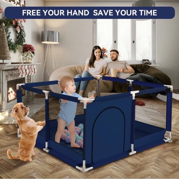 Baby Playpen, 50x50x26inch Infant Travel Play Game Fence,Blue - Picture 4 of 5